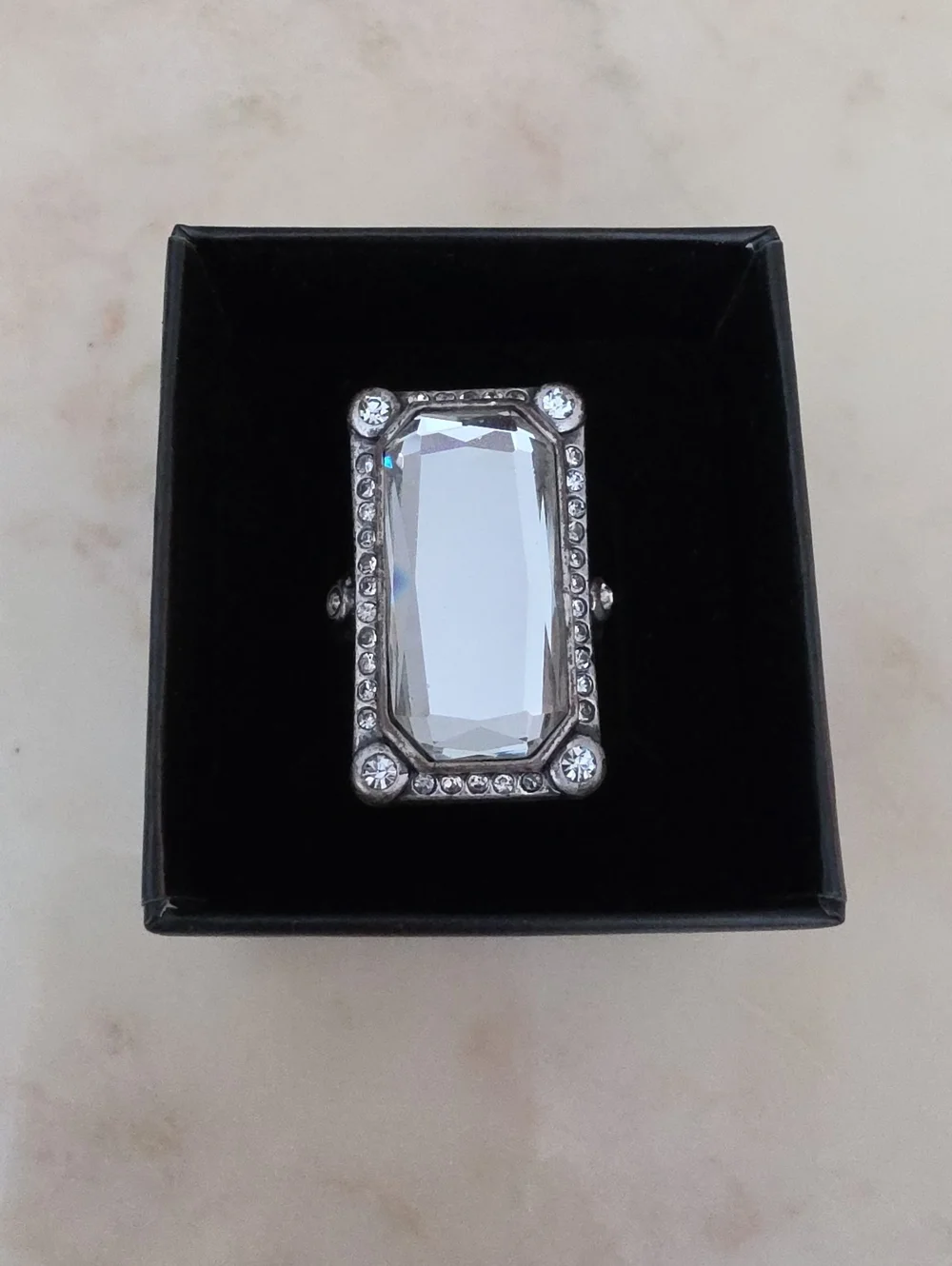 Lia Sophia Clear Crystal Rectangular Cocktail Ring - Silver Tone